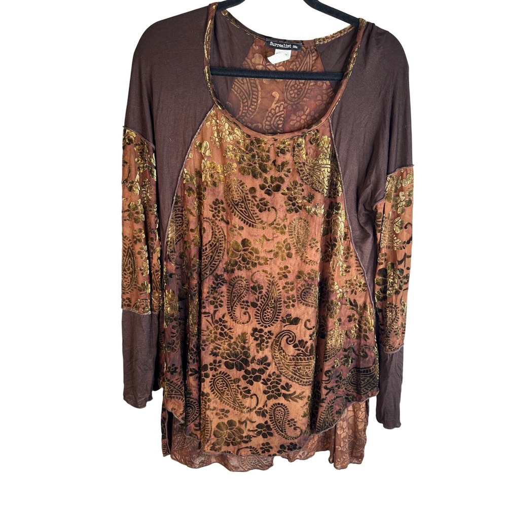 Surrealist Brown Gold Paisley Burnout Velvet Long Sleeve Lagenlook Artsy Size M